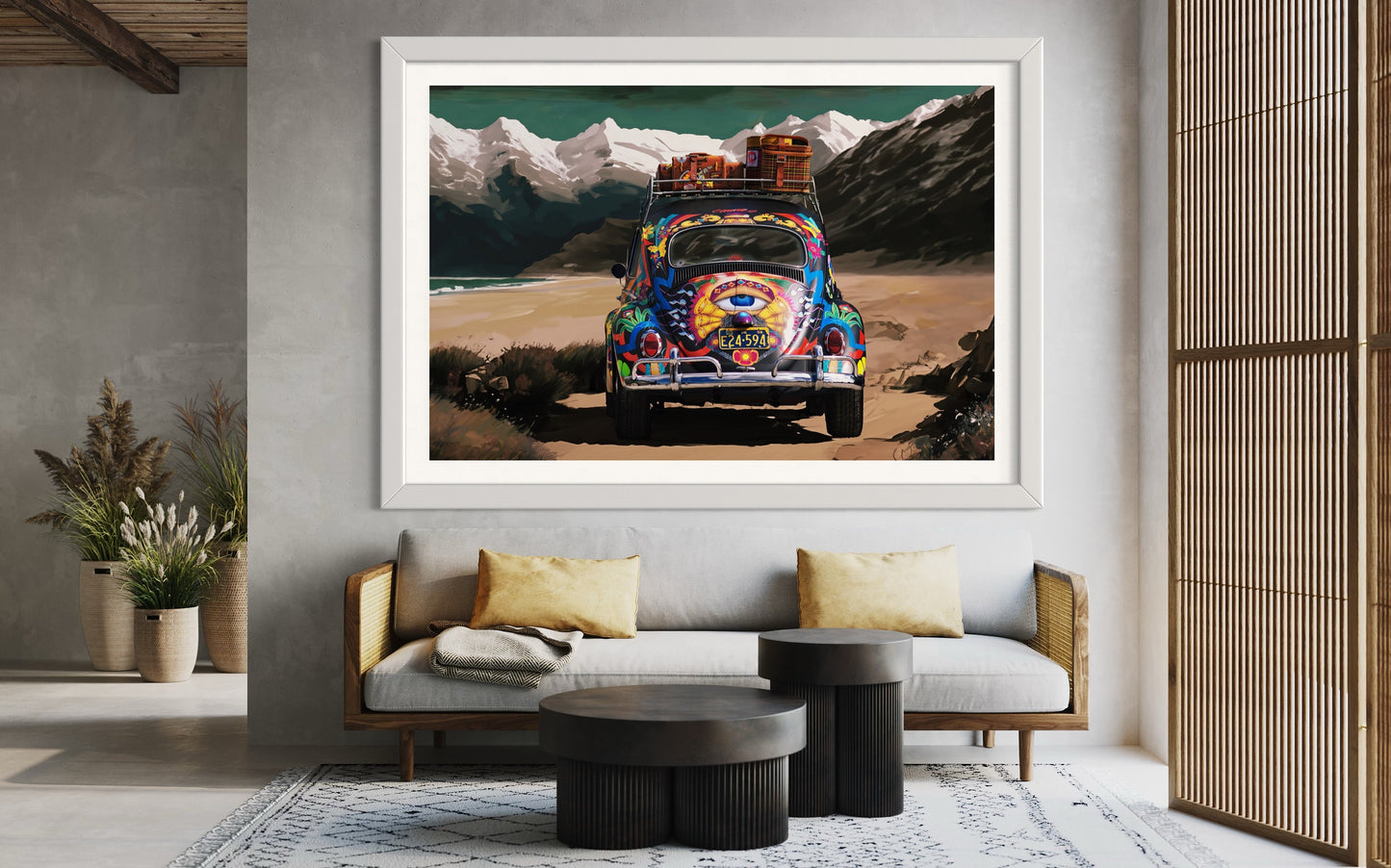 Psychedelic VW Beetle Car Poster - Adventurous Mountain Road Trip Wall Art - Hippie Decor for Travel Lovers Print