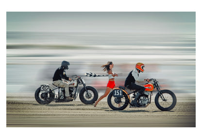 Fine Art Print - Retro Beach Duel: Indian, Harley Davidson - Motorcycle Drag Race at TROG - Print, Biker Wall Art, Speed Photo Poster Decor