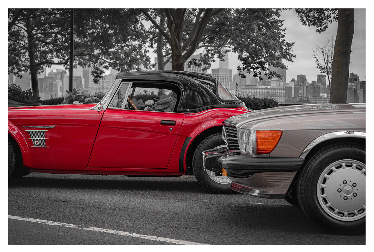 Mercedes 107 SL  MG A Roadster - NYC Skyline Art Print