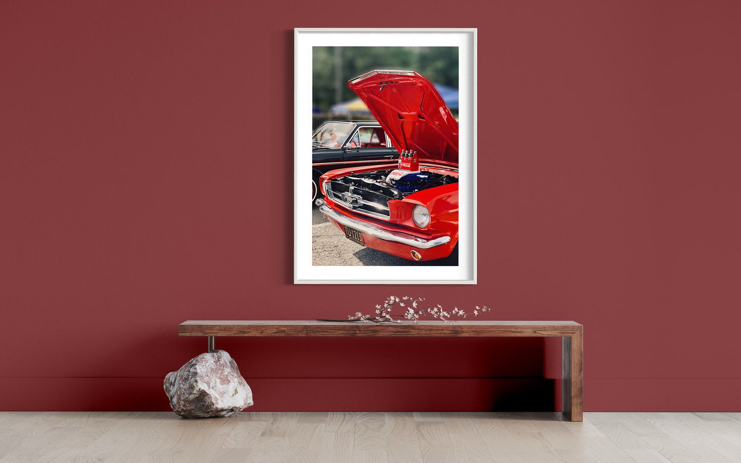 Fine Art Red Ford Mustang  Coca-Cola : Classic 6-Cylinder Allure with Timeless Car Charm - Room-Popping Visual Delight Poster Print