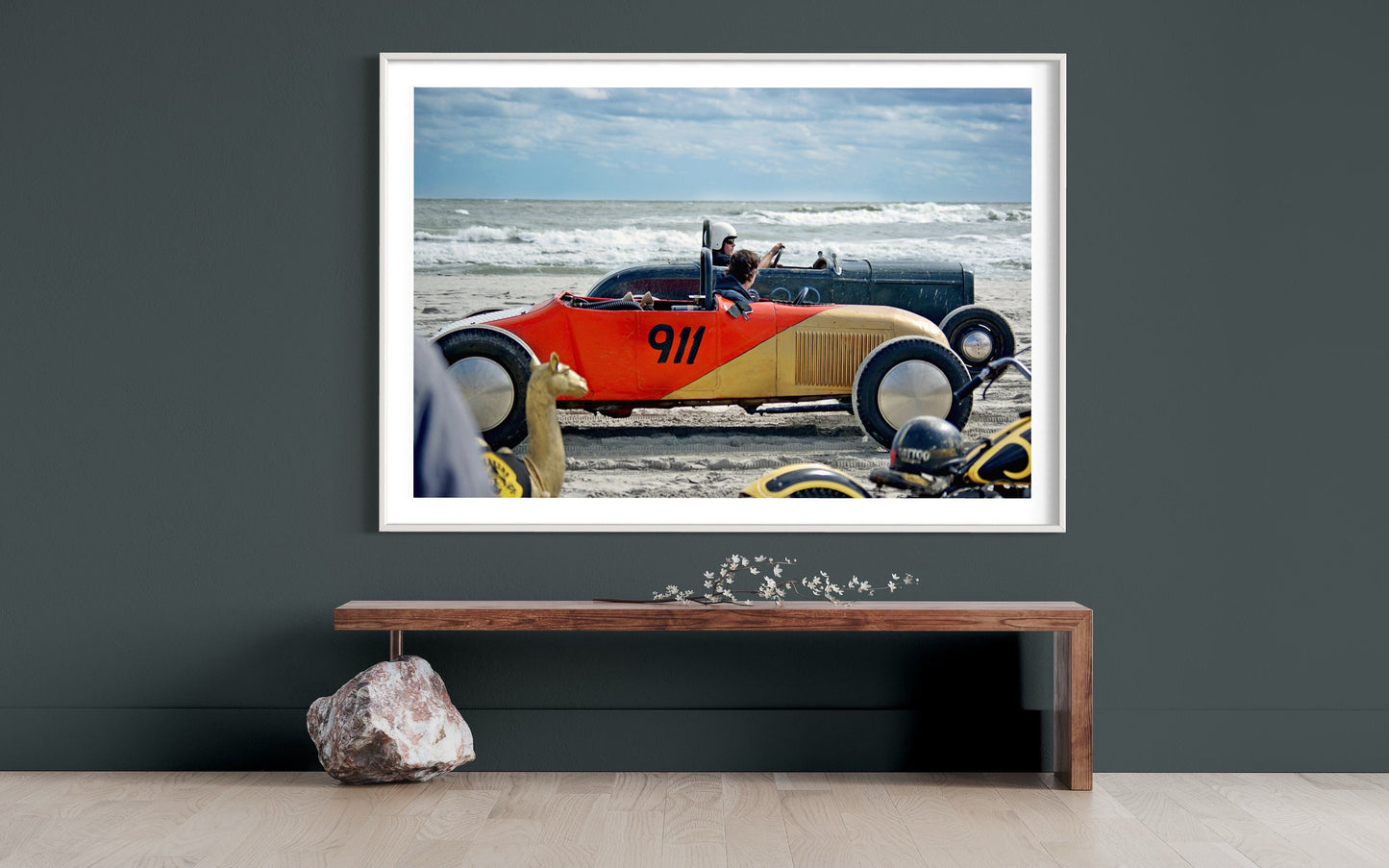 Fine Art  1920s Hot Rod Beach Drag Race: Art Deco  Red Gold Color Coastal Beach Decor