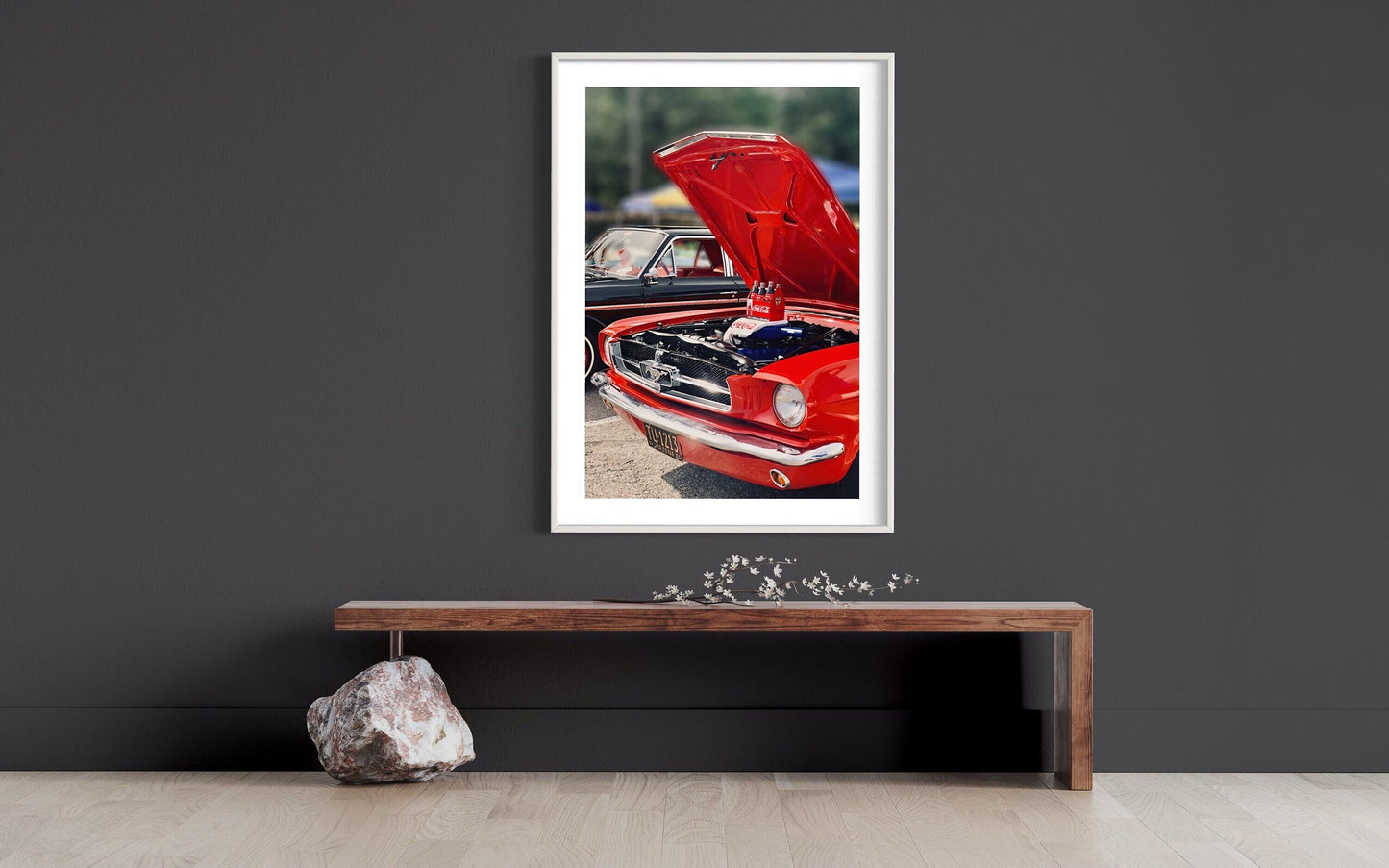 Fine Art Red Ford Mustang  Coca-Cola : Classic 6-Cylinder Allure with Timeless Car Charm - Room-Popping Visual Delight Poster Print