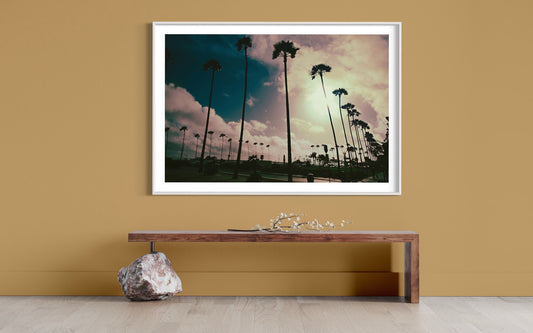 Venice Beach Sunset Art Print: Sunkissed Palm Silhouettes & Colorful Sky - Pink Yellow Sepia Hues for Vibrant Room Accents