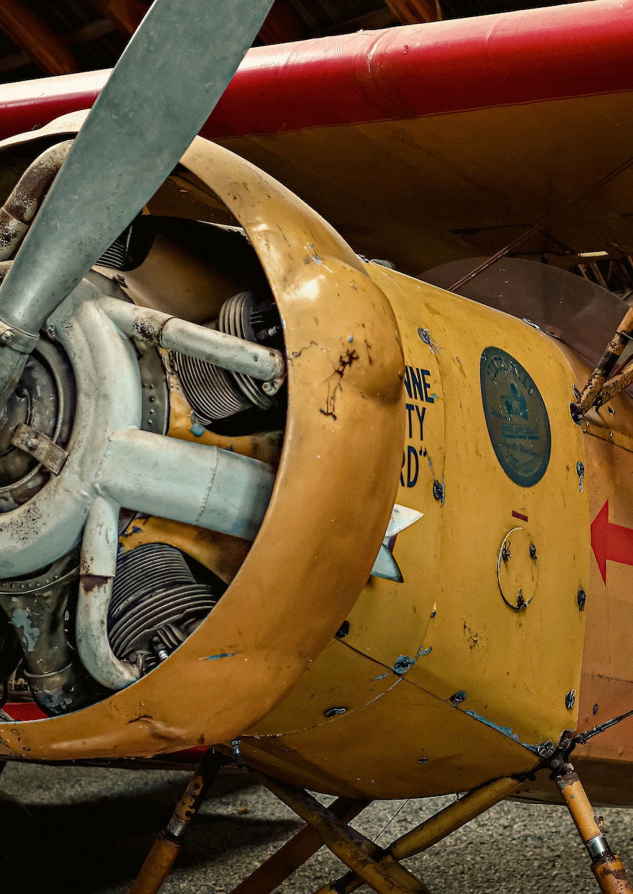 Fine Art Yellow  Airplane Print: Nostalgic Patina, Red Accents & Aviation History - Wall Art Marvel Photo Poster
