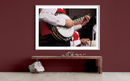 Personalized Festive Christmas Banjo Wall Art - Close-Up Holiday Joy with Red Vest Art Work Living Room Wall Decor - Cheer Photo Art Poster