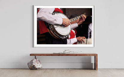 Personalized Festive Christmas Banjo Wall Art - Close-Up Holiday Joy with Red Vest Art Work Living Room Wall Decor - Cheer Photo Art Poster
