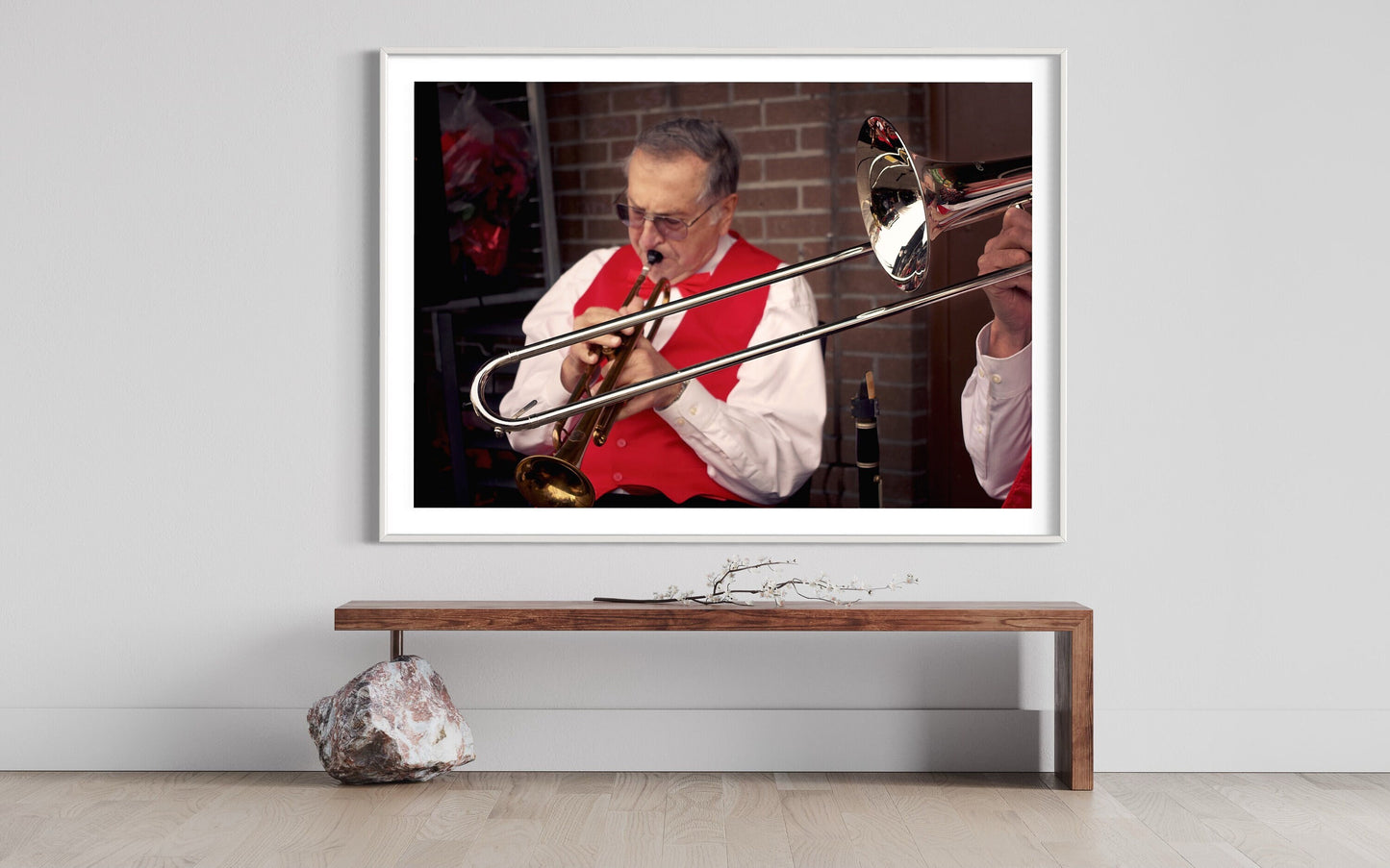 Christmas Trumpet Living Room Wall Art - Personalized Close-Up Holiday Harmony in Red & Gold Art Work Wall Decor - Music Instrument Wall Art