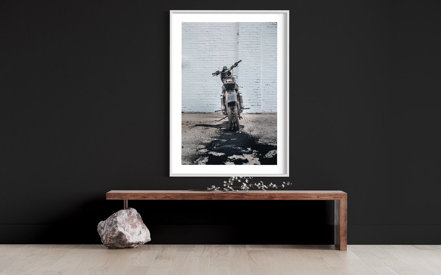 Fine Art Print - Motorcycle Tire Burnout, Personalized, White Brick Wall Art, Gift Idea - Customizable, Housewarming Gift, biker Decor