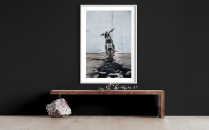 Fine Art Print - Motorcycle Tire Burnout, Personalized, White Brick Wall Art, Gift Idea - Customizable, Housewarming Gift, biker Decor