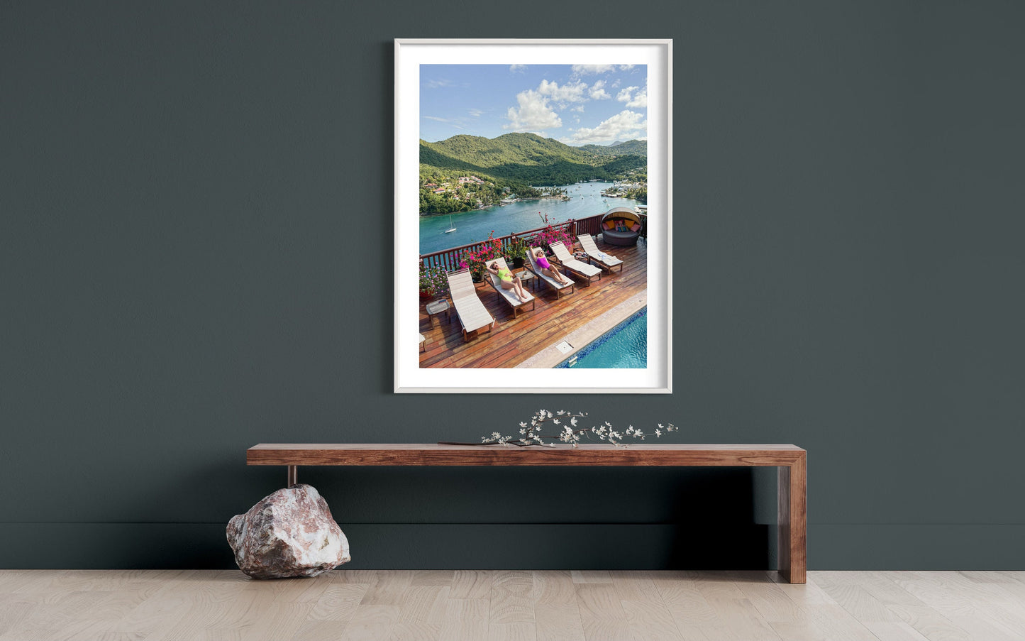 Marigot Bay Elegance Poster: Sunbathing Beauties & Scenic mountain and ocean Aerial Views - Modern St. Lucia Escape Photo Print