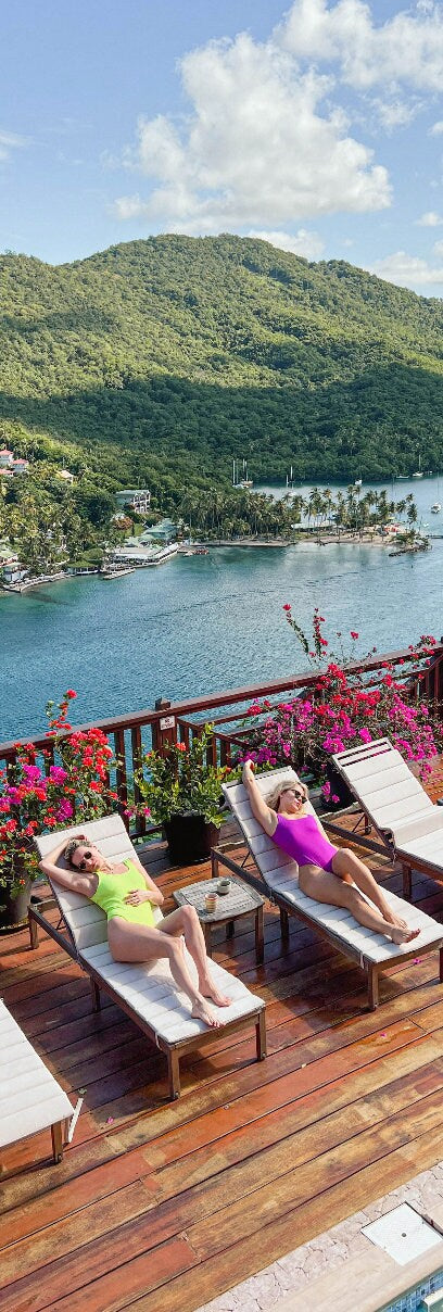 Marigot Bay Elegance Poster: Sunbathing Beauties & Scenic mountain and ocean Aerial Views - Modern St. Lucia Escape Photo Print