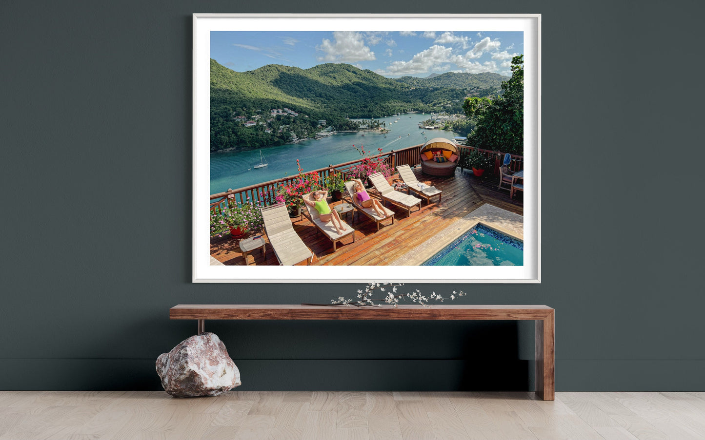 Marigot Bay Elegance Poster: Sunbathing Beauties & Scenic mountain and ocean Aerial Views - Modern St. Lucia Escape Photo Print