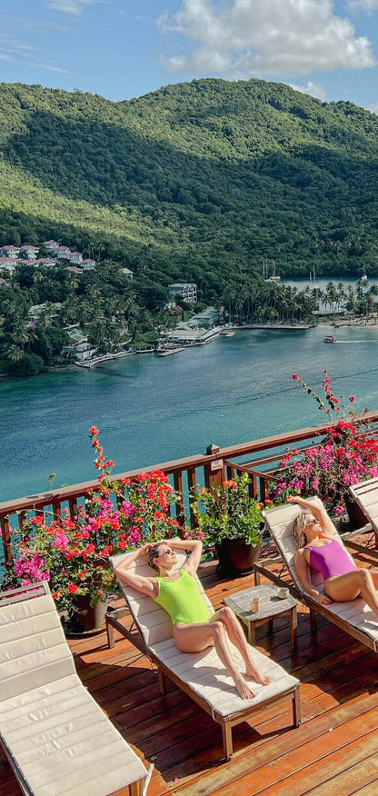 Marigot Bay Elegance Poster: Sunbathing Beauties & Scenic mountain and ocean Aerial Views - Modern St. Lucia Escape Photo Print