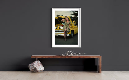 Personalized Art for Wall Decor - Pin Up Army Dressed Lady & Yellow Hotrod Chevy Truck Photography Prints - Dimensional Custom Wall Art