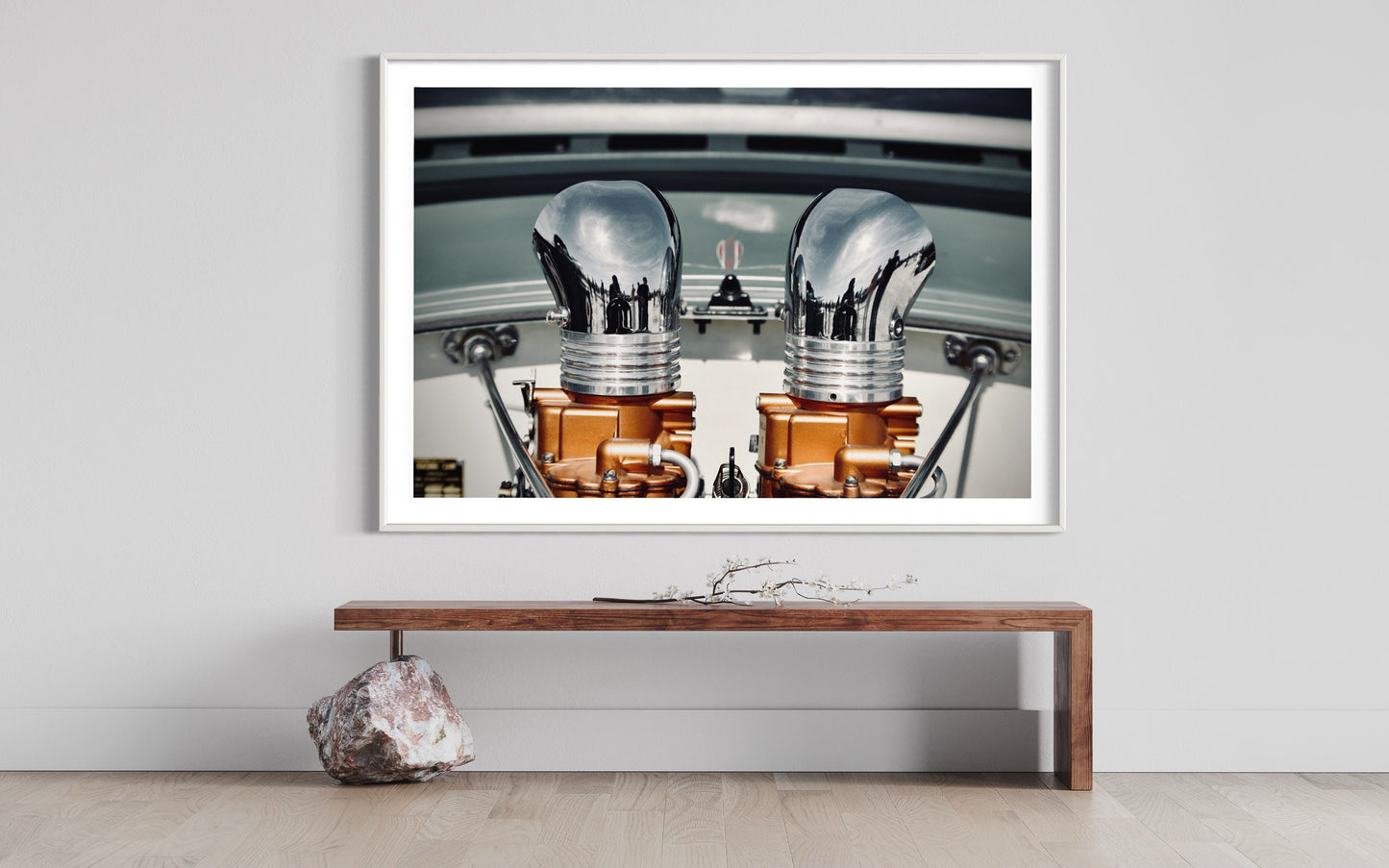 Carburetor Chrome Pipes Emergence - Bronze Orange Base on White Car Backdrop Minimalist Photo Print