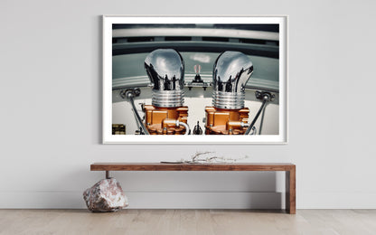 Carburetor Chrome Pipes Emergence - Bronze Orange Base on White Car Backdrop Minimalist Photo Print