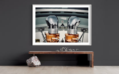 Carburetor Chrome Pipes Emergence - Bronze Orange Base on White Car Backdrop Minimalist Photo Print