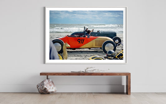 Fine Art  1920s Hot Rod Beach Drag Race: Art Deco  Red Gold Color Coastal Beach Decor