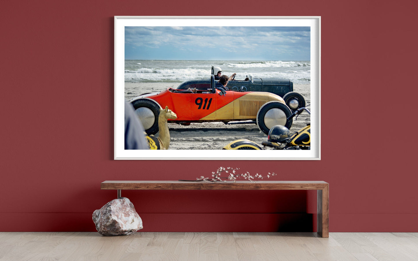Fine Art  1920s Hot Rod Beach Drag Race: Art Deco  Red Gold Color Coastal Beach Decor