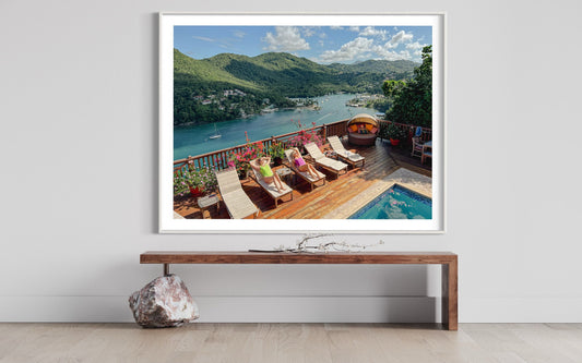 Marigot Bay Elegance Poster: Sunbathing Beauties & Scenic mountain and ocean Aerial Views - Modern St. Lucia Escape Photo Print