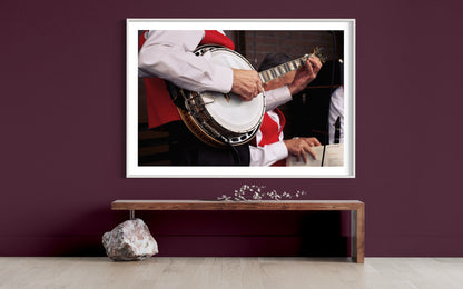 Personalized Festive Christmas Banjo Wall Art - Close-Up Holiday Joy with Red Vest Art Work Living Room Wall Decor - Cheer Photo Art Poster