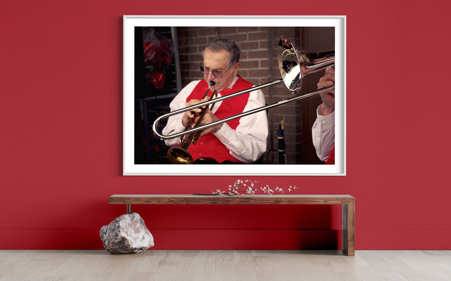Christmas Trumpet Living Room Wall Art - Personalized Close-Up Holiday Harmony in Red & Gold Art Work Wall Decor - Music Instrument Wall Art