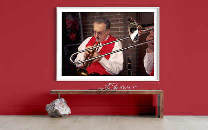 Christmas Trumpet Living Room Wall Art - Personalized Close-Up Holiday Harmony in Red & Gold Art Work Wall Decor - Music Instrument Wall Art