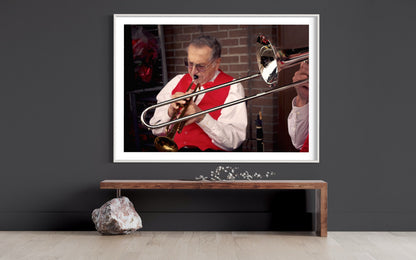 Christmas Trumpet Living Room Wall Art - Personalized Close-Up Holiday Harmony in Red & Gold Art Work Wall Decor - Music Instrument Wall Art