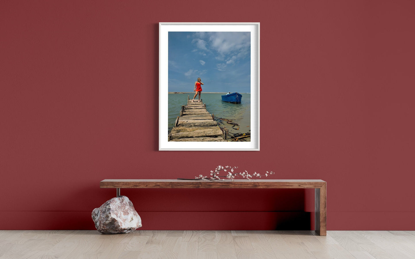 Rustic Pier Photography Print, Coastal Beach House Wall Art, Red Dress and Blue Boat Seascape, Limited Edition Decor - Banksy Art Inspired