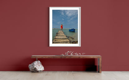 Rustic Pier Photography Print, Coastal Beach House Wall Art, Red Dress and Blue Boat Seascape, Limited Edition Decor - Banksy Art Inspired