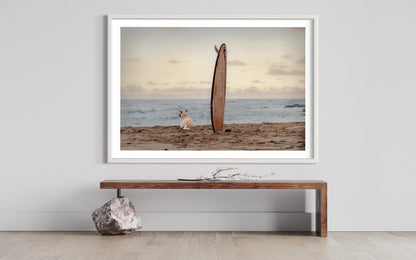 Fine Art Print - Sunset Dog Surf Buddy Wall Art - Beach Print-  Puppy Surf Print, Housewarming Gift, Pet Lovers, Surf Coastal Decor