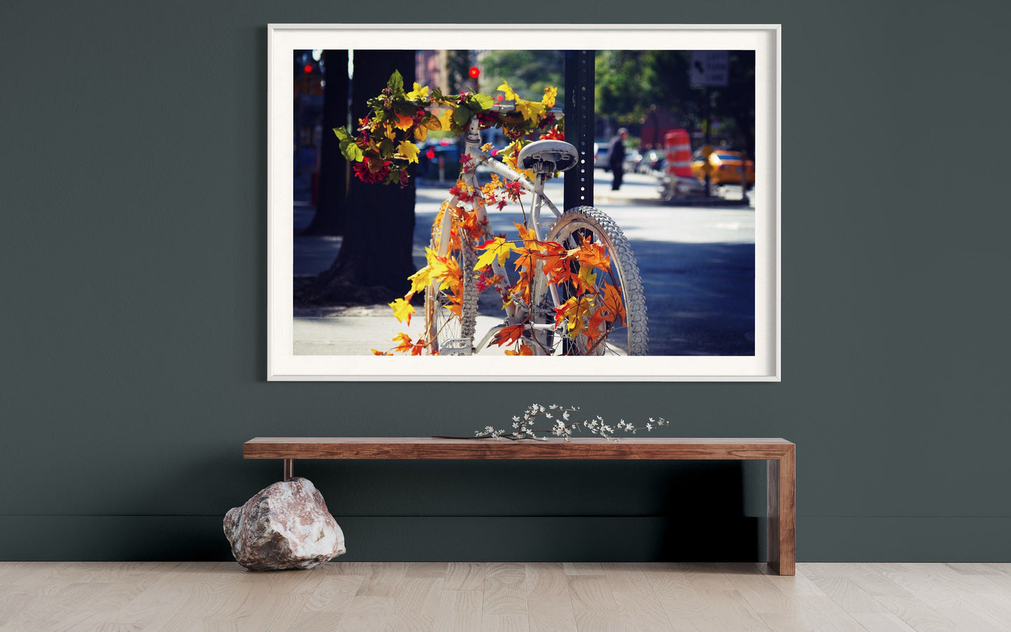 Autumn Awakening: White Bicycle Amidst Fall's Embrace - Seasonal Wall Art- Modern Mood Wall Accent Photo Print Poster