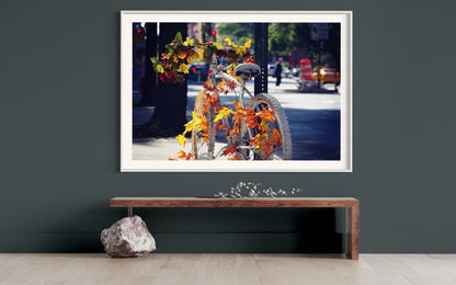 Autumn Awakening: White Bicycle Amidst Fall's Embrace - Seasonal Wall Art- Modern Mood Wall Accent Photo Print Poster