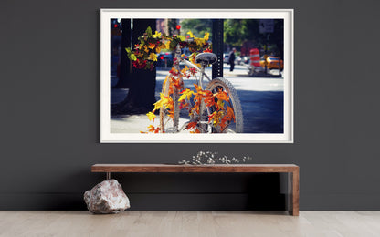 Autumn Awakening: White Bicycle Amidst Fall's Embrace - Seasonal Wall Art- Modern Mood Wall Accent Photo Print Poster