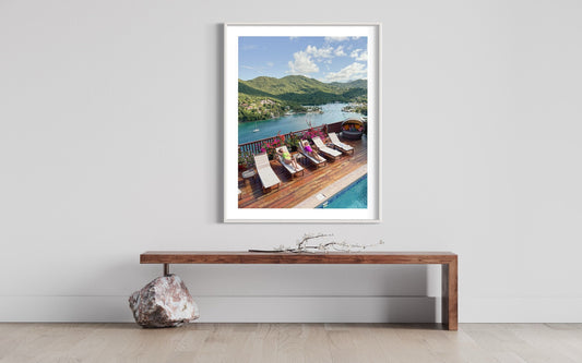Marigot Bay Elegance Poster: Sunbathing Beauties & Scenic mountain and ocean Aerial Views - Modern St. Lucia Escape Photo Print