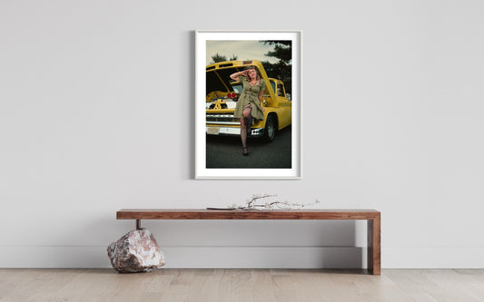 Personalized Art for Wall Decor - Pin Up Army Dressed Lady & Yellow Hotrod Chevy Truck Photography Prints - Dimensional Custom Wall Art