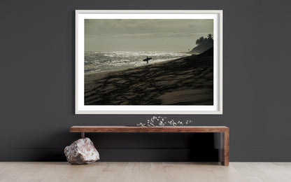 Surfer's Dream: Sunset Serenity - Muted Beach Photography Print- Art Decor Minimalist Mood Wall Accent Photo Poster