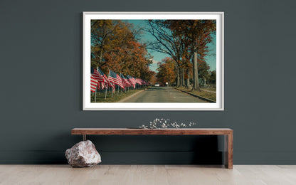 Patriotic Passage - American Flags Lining a Fall Road - Seasonal Landscape Photography Print Wall Art Decor Poster