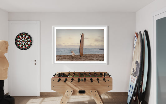 Fine Art Print - Sunset Dog Surf Buddy Wall Art - Beach Print-  Puppy Surf Print, Housewarming Gift, Pet Lovers, Surf Coastal Decor