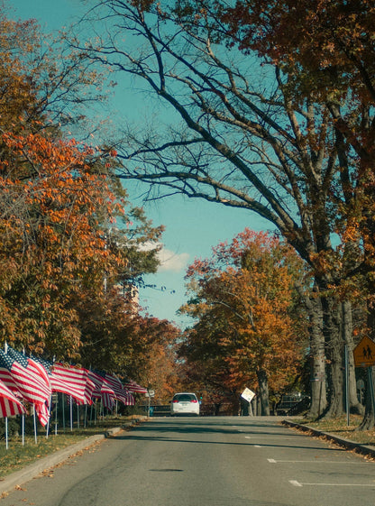 Patriotic Passage - American Flags Lining a Fall Road - Seasonal Landscape Photography Print Wall Art Decor Poster