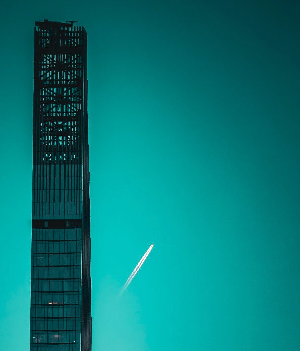 Modern Skyscraper Poster - Urban Architecture Print, Teal Skyline Photo Wall Art, Contemporary Building Wall Decor, Cityscape Photography