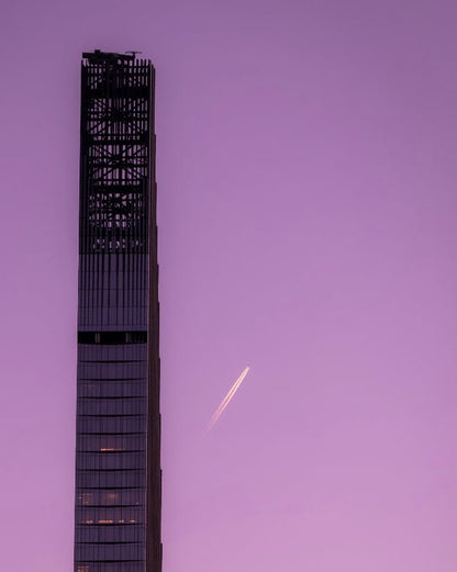 Skyscraper at Dusk Poster - Lavender Twilight Cityscape Print, Modern Architecture Wall Art, Urban Skyline Decor, Chic Office Decor