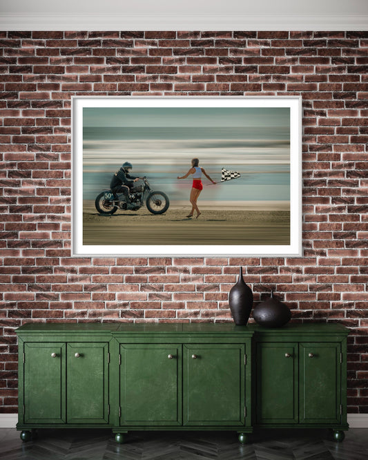 Fine Art Print - Vintage Motorcycle Drag Race on Wildwood Beach - Classic Flag Girl Print - TROG - Wall Art -Garage Decor Poster,