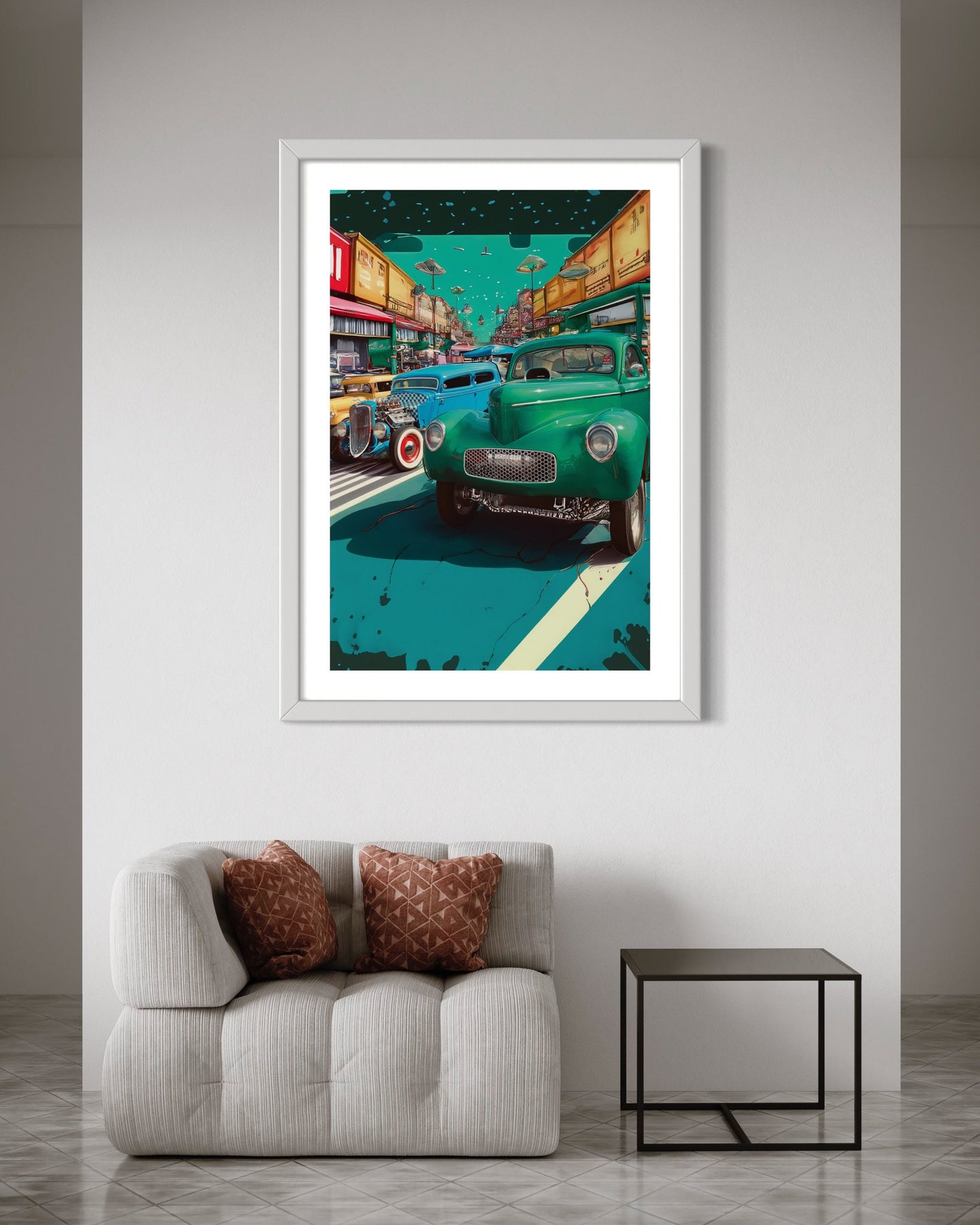 Vintage Pin-Up Aesthetic Poster : 1940s & 1950s Trucks from Deadman's Curve - Retro Blue Green Hues under Bright Sky