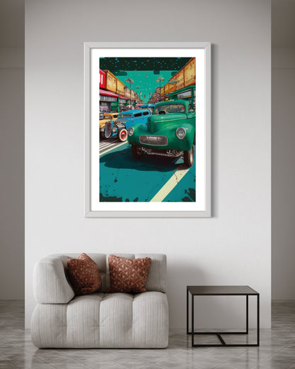 Vintage Pin-Up Aesthetic Poster : 1940s & 1950s Trucks from Deadman's Curve - Retro Blue Green Hues under Bright Sky