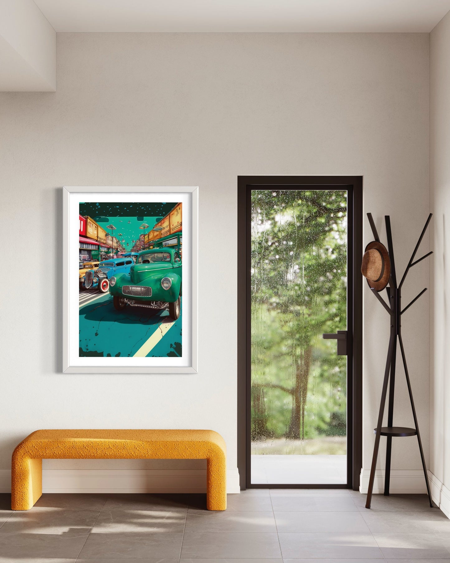 Vintage Pin-Up Aesthetic Poster : 1940s & 1950s Trucks from Deadman's Curve - Retro Blue Green Hues under Bright Sky