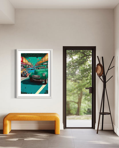 Vintage Pin-Up Aesthetic Poster : 1940s & 1950s Trucks from Deadman's Curve - Retro Blue Green Hues under Bright Sky