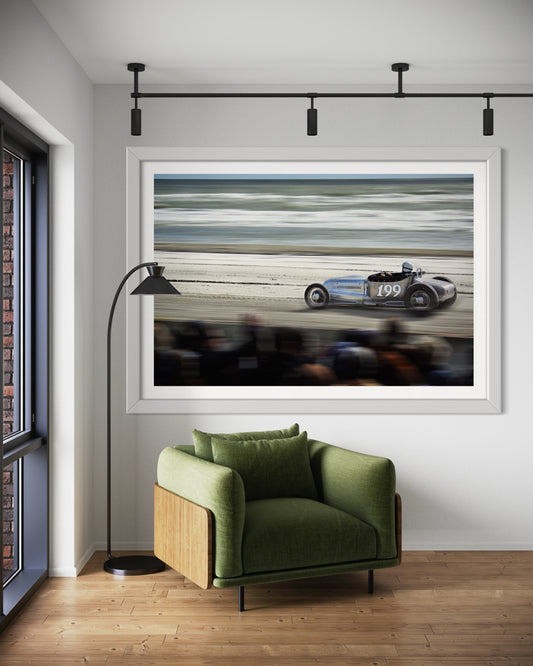 Beach Drag Race Art Print: Chrome Rat Rod #199 Amidst Ocean, Beach, Sand - Perfect Fusion of Vintage Americana