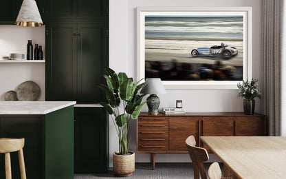Beach Drag Race Art Print: Chrome Rat Rod #199 Amidst Ocean, Beach, Sand - Perfect Fusion of Vintage Americana