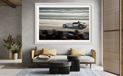 Beach Drag Race Art Print: Chrome Rat Rod #199 Amidst Ocean, Beach, Sand - Perfect Fusion of Vintage Americana